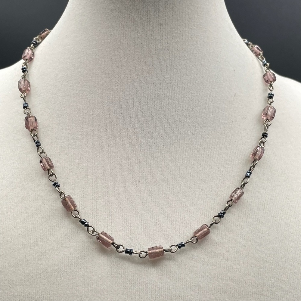 Vintage Pink Glass Bead Station Necklace Silver Tone Chain Toggle Extender 16"